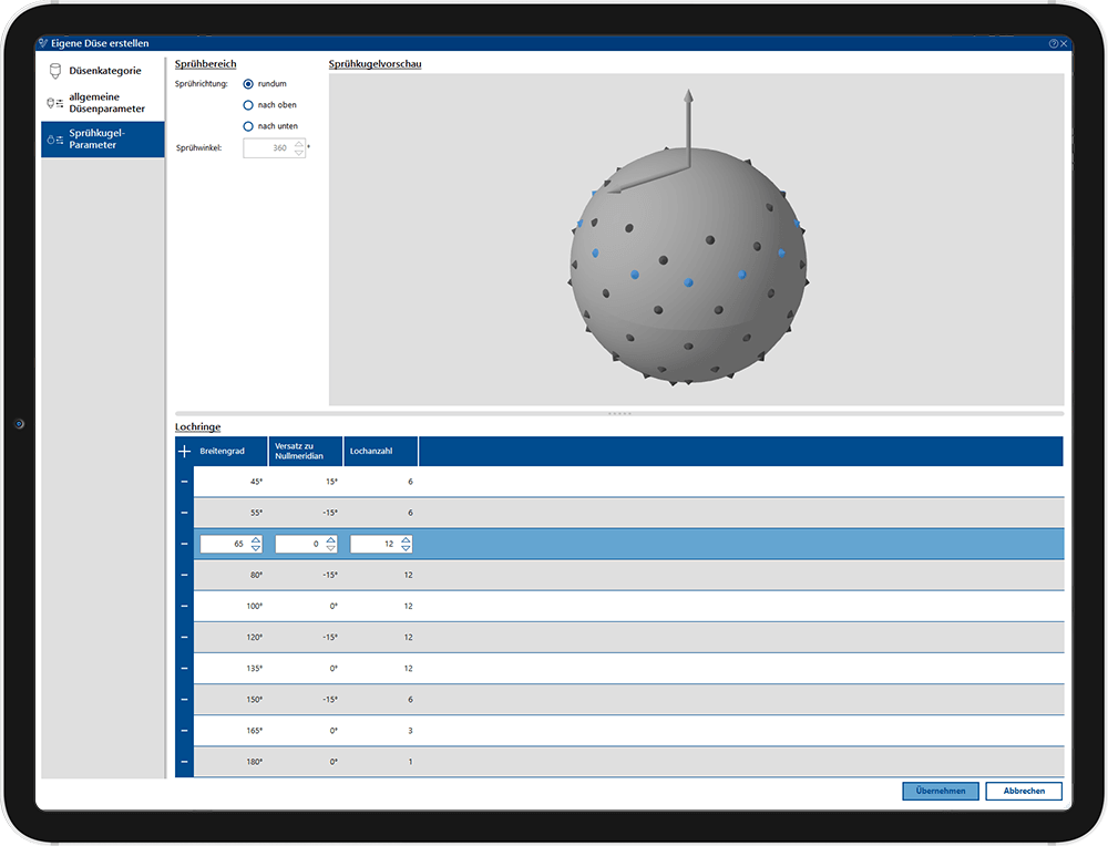 Screenshot zeigt die Funktionsoberfläche, um Sprühkugeln von grund auf oder auf Basis einer bestehenden Sprühkugel zu designen