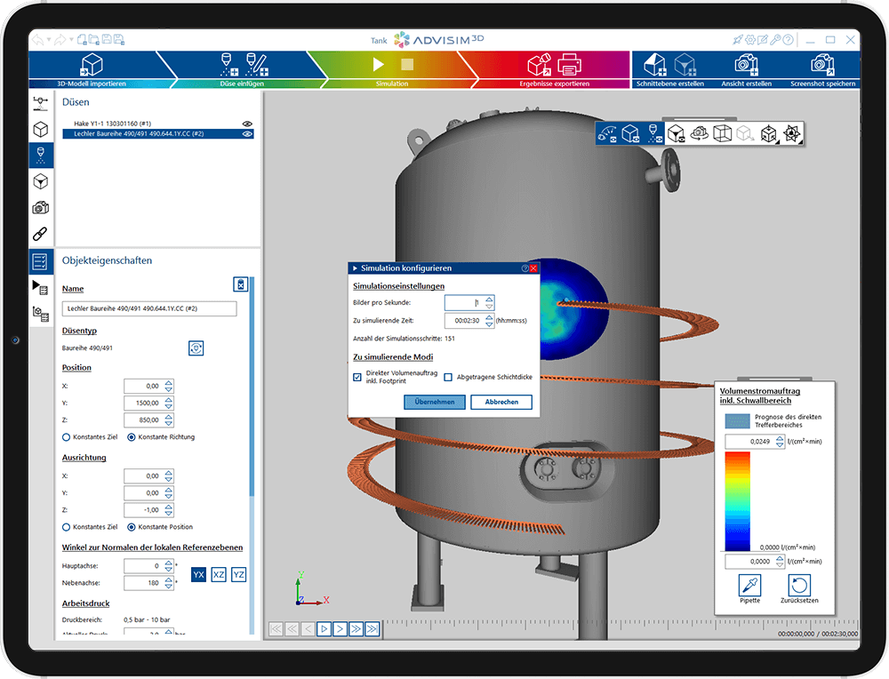 Screenshot zeigt einen Behälter mit der Einstellmöglichkeit der Simulationsparameter